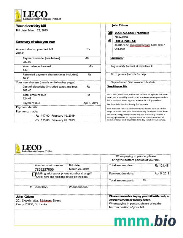 Sri Lanka LECO rachunek za energię elektryczną w formacie Word